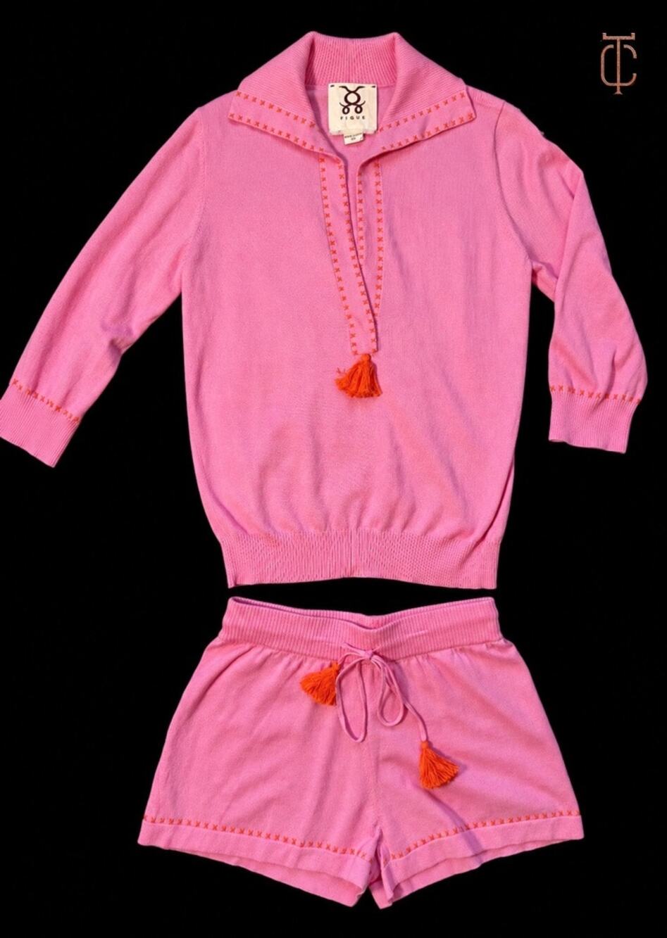 Figue Women's Pink 100% Cotton Knit Top Shorts Set Orange Tassels XS NWT